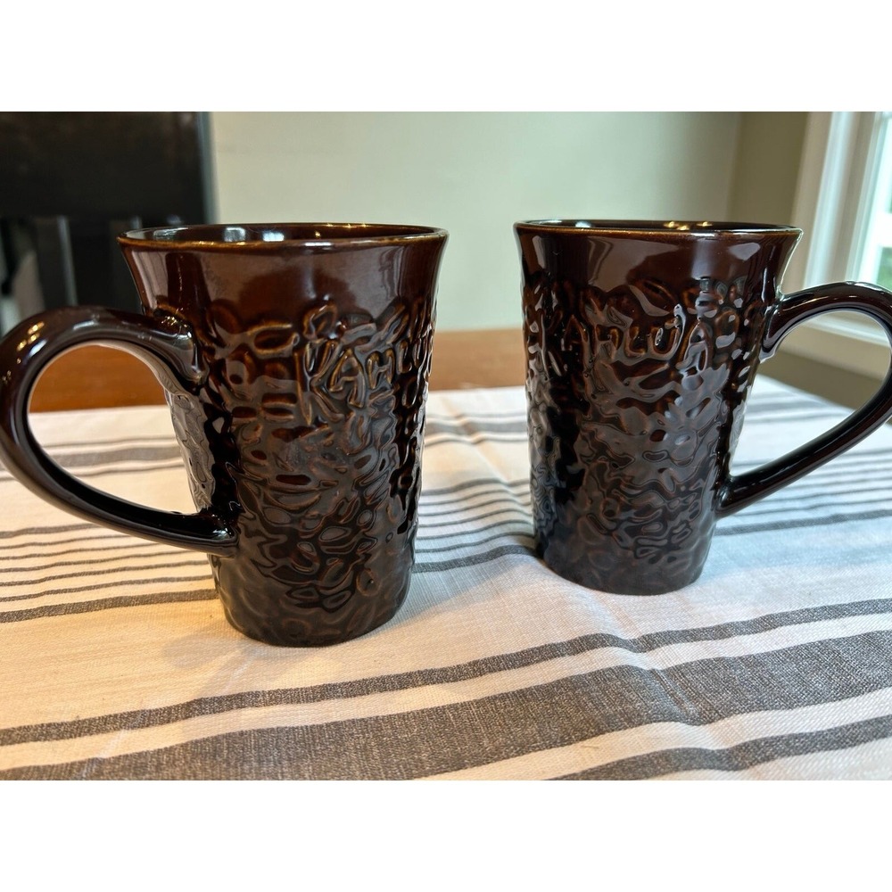 Kahlua Coffee Liqueur Mugs Set of 2 Dark Brown Embossed Coffee Bean Ceramic Tall